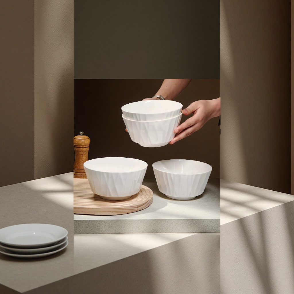 White jade glazed bowl, 6-inch Nordic minimalist style underglaze color safe and healthy porcelain daily tableware