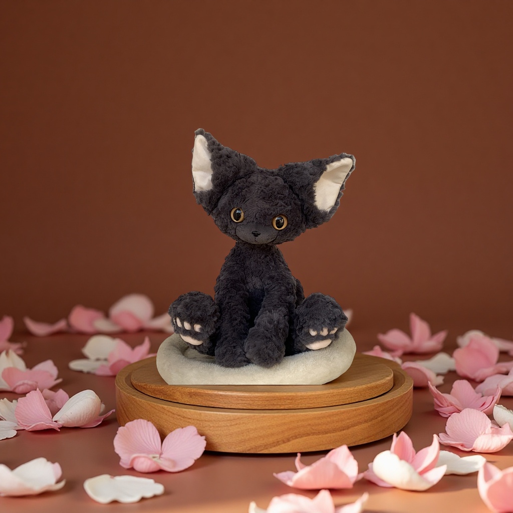 A genuine and super cute black cat, a German curly cat plush toy, as a birthday gift. It's a lovely plush toy