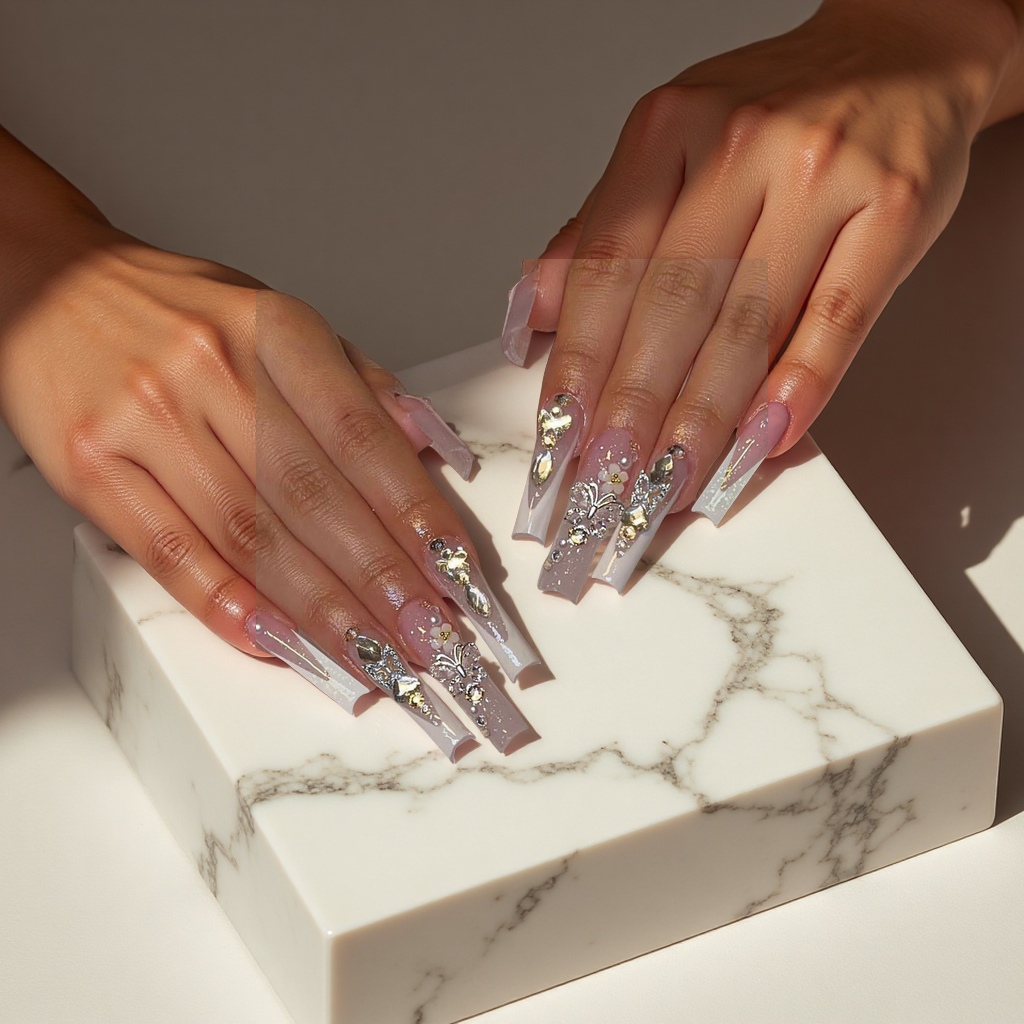 欧美法式水管假指甲穿戴甲贴片合金蝴蝶点钻美甲配饰美容护肤彩妆