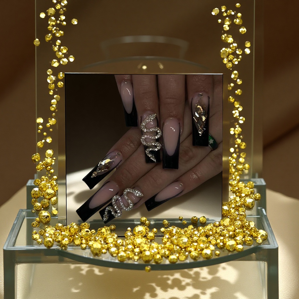 穿戴式黄色水钻立体蛇钻美甲片长款假指甲美容护肤彩妆美甲贴片套装