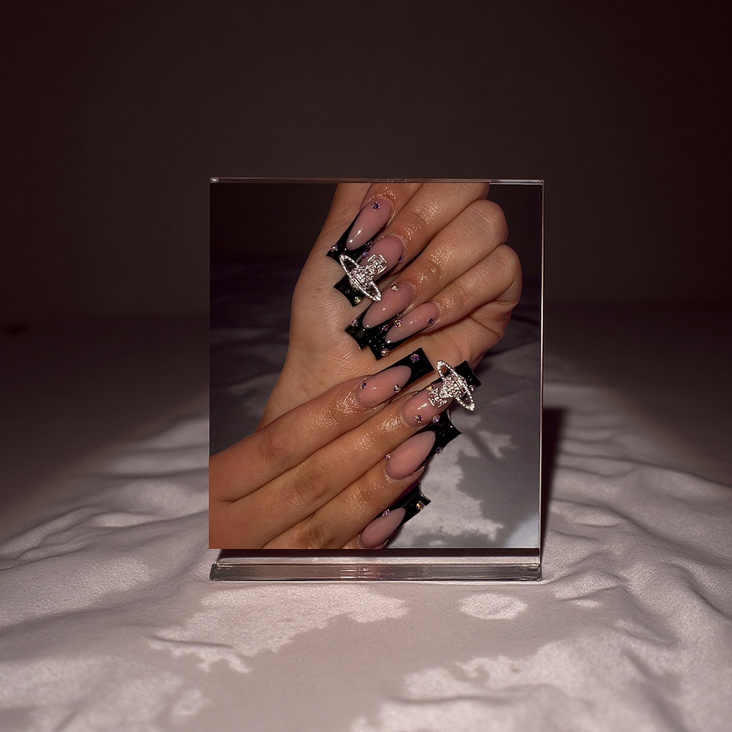 欧美辣妹爆款超长水管假指甲片星球点钻法式美甲成品套装