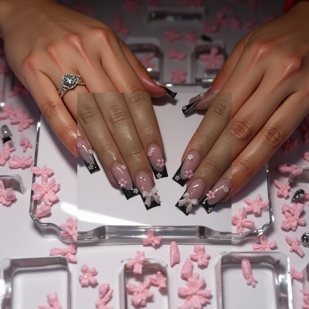 欧美长水管黑色法式美甲穿戴甲立体花朵粉色蝴蝶结假指甲套装美容护肤彩妆