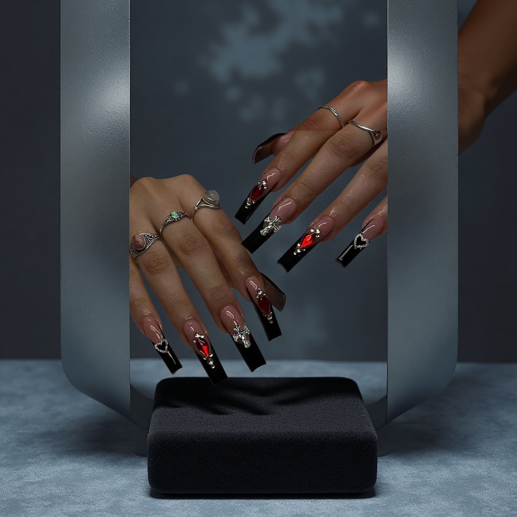 黑色高级感长款法式爱心十字架3D美甲甲片成品假指甲Nails 时尚彩妆美容护肤用品