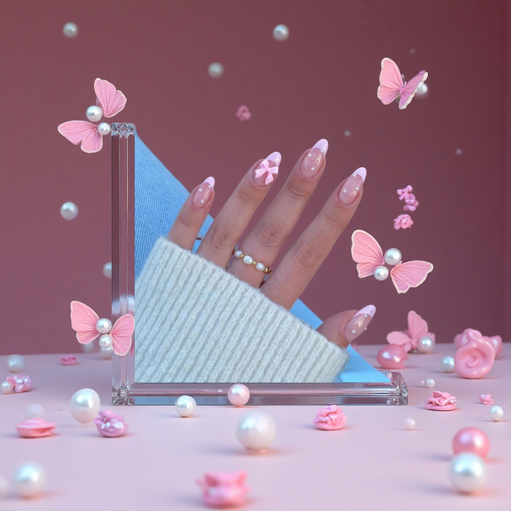 粉色法式珍珠蝴蝶结美甲片穿戴假指甲甜美纯欲批发套装美容护肤彩妆