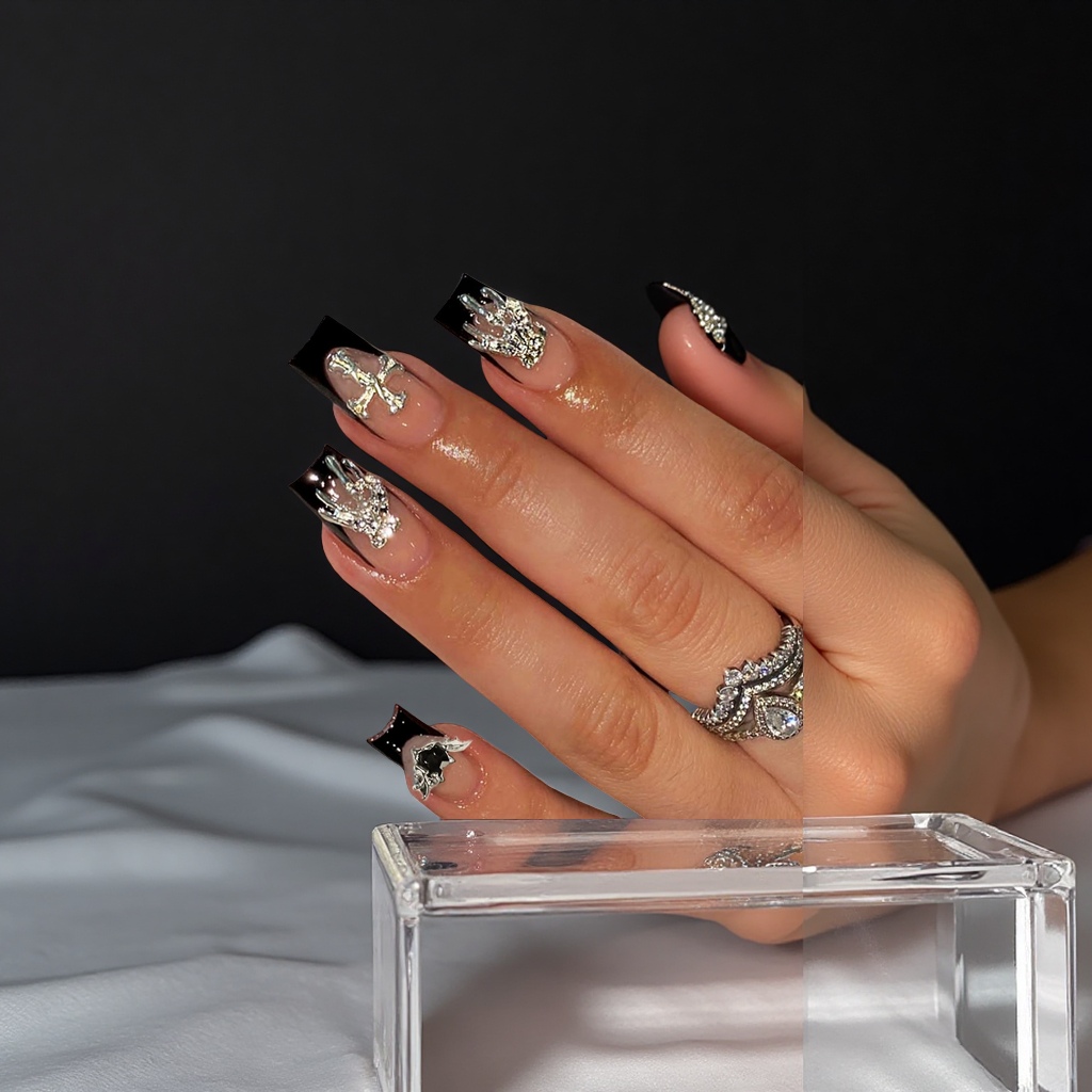 欧美风黑色法式边中水管穿戴甲片蝴蝶钻饰美甲假指甲批发美容护肤彩妆工具套装