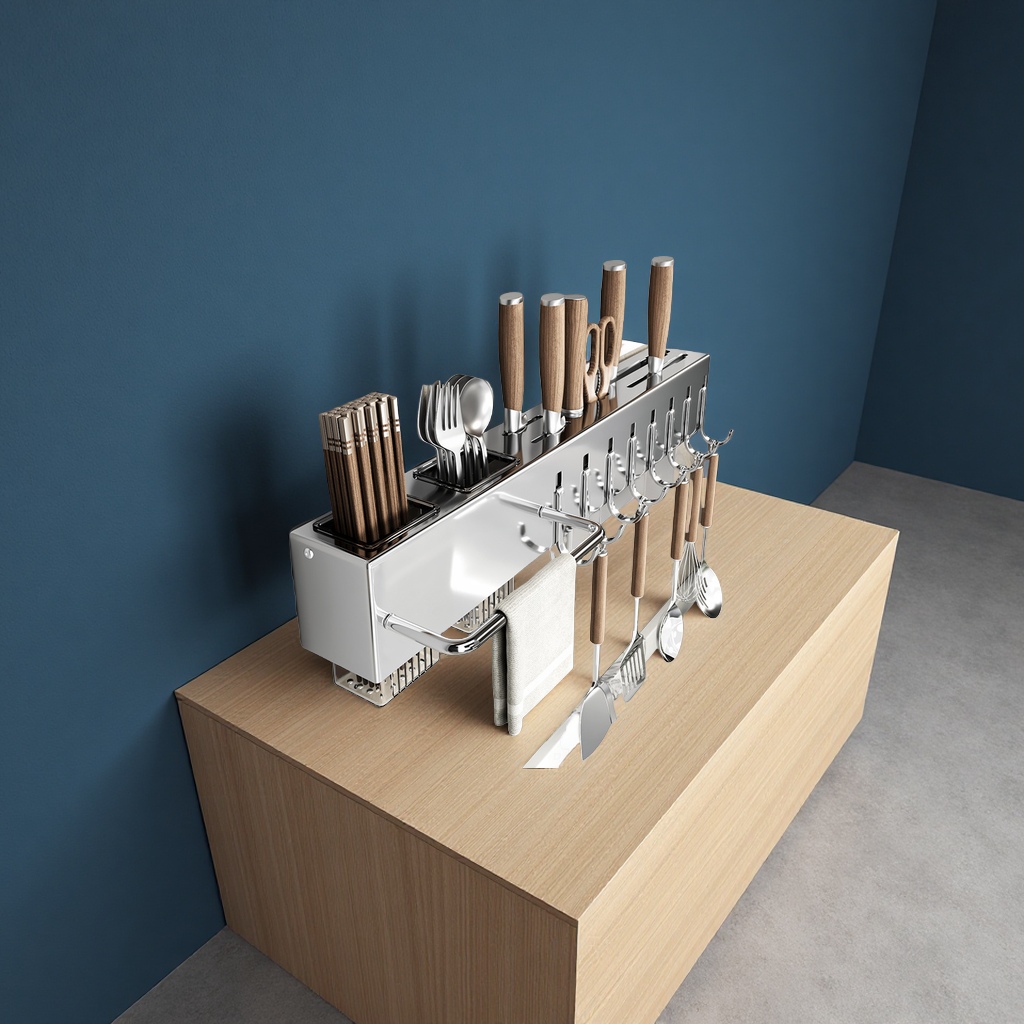Stainless steel kitchen knife rack, multi-functional wall-mounted storage rack without drilling, 筷笼 chopstick holder, daily necessities, kitchen organization