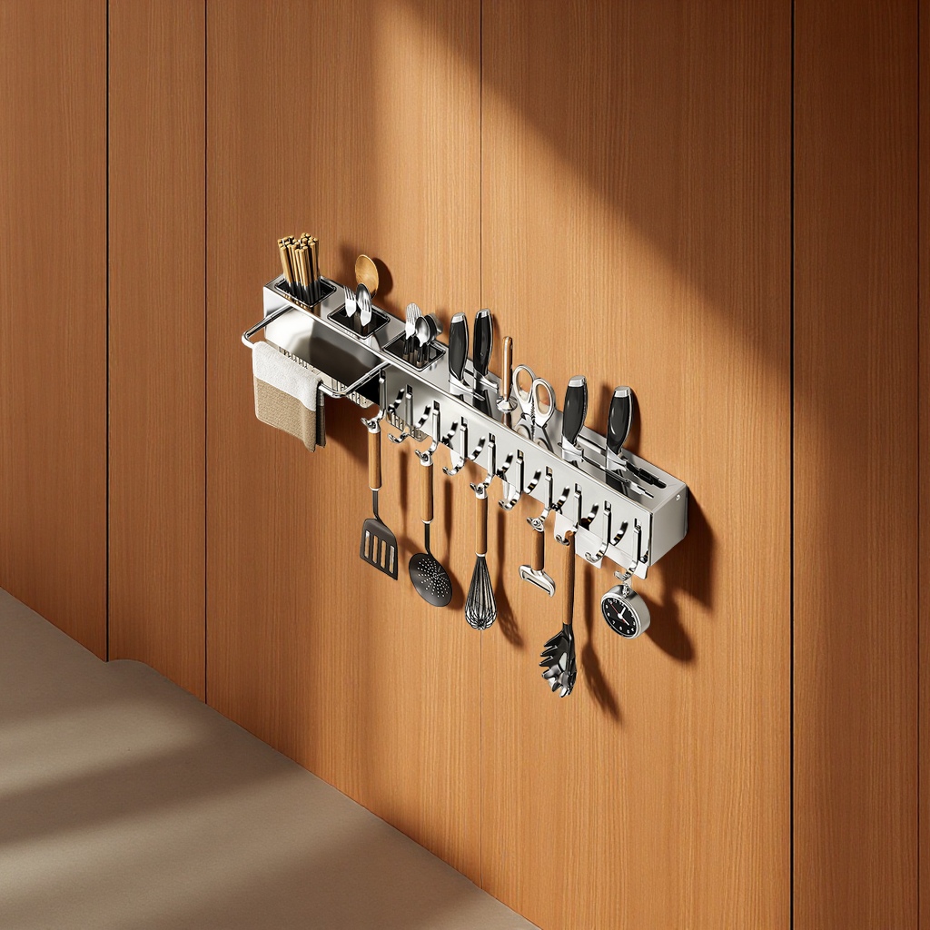Stainless steel kitchen knife rack, multi-functional wall-mounted storage rack without drilling, 筷笼 chopstick holder, daily necessities, kitchen organization details Picture