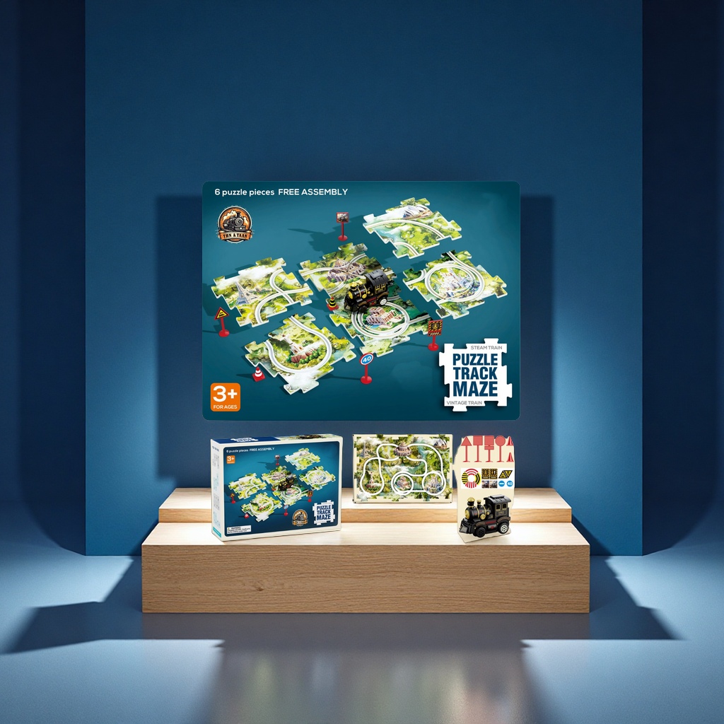 3岁以上复古火车轨道拼图玩具含4片拼图和蒸汽火车场景互动益智玩具适合儿童拼搭趣味启蒙