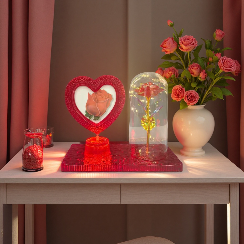 创意LED相框灯发光永生花爱心旋转台灯INS风桌面装饰工艺礼品