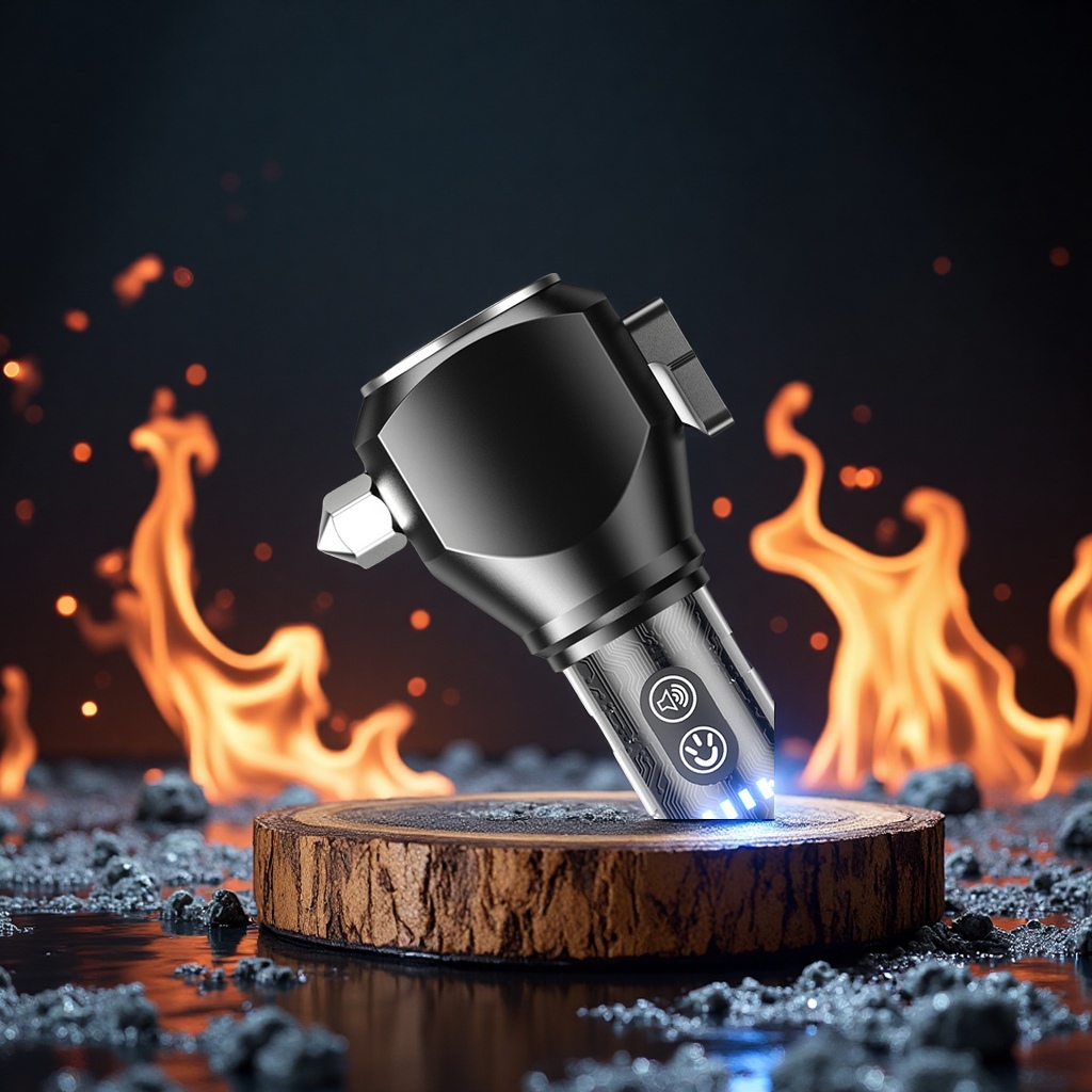Super Art Multi-functional outdoor fire safety hammer, strong light flashlight charging, explosion-proof alarm, red and blue flash emergency self-driving safety tool details Picture
