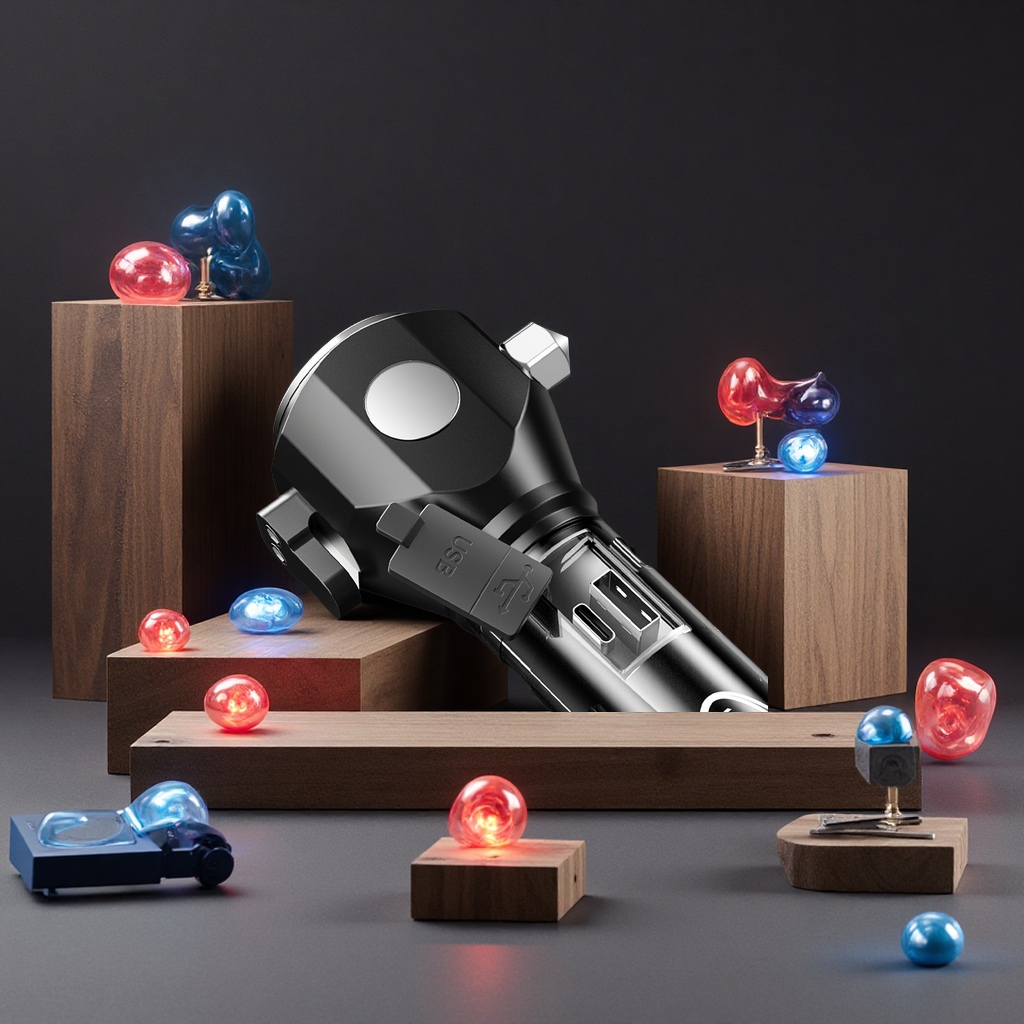 Super Art Multi-functional outdoor fire safety hammer, strong light flashlight charging, explosion-proof alarm, red and blue flash emergency self-driving safety tool Application Scenario