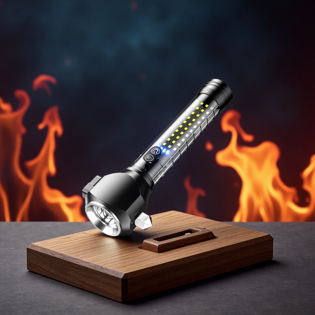 Super Art Multi-functional outdoor fire safety hammer, strong light flashlight charging, explosion-proof alarm, red and blue flash emergency self-driving safety tool Item Picture