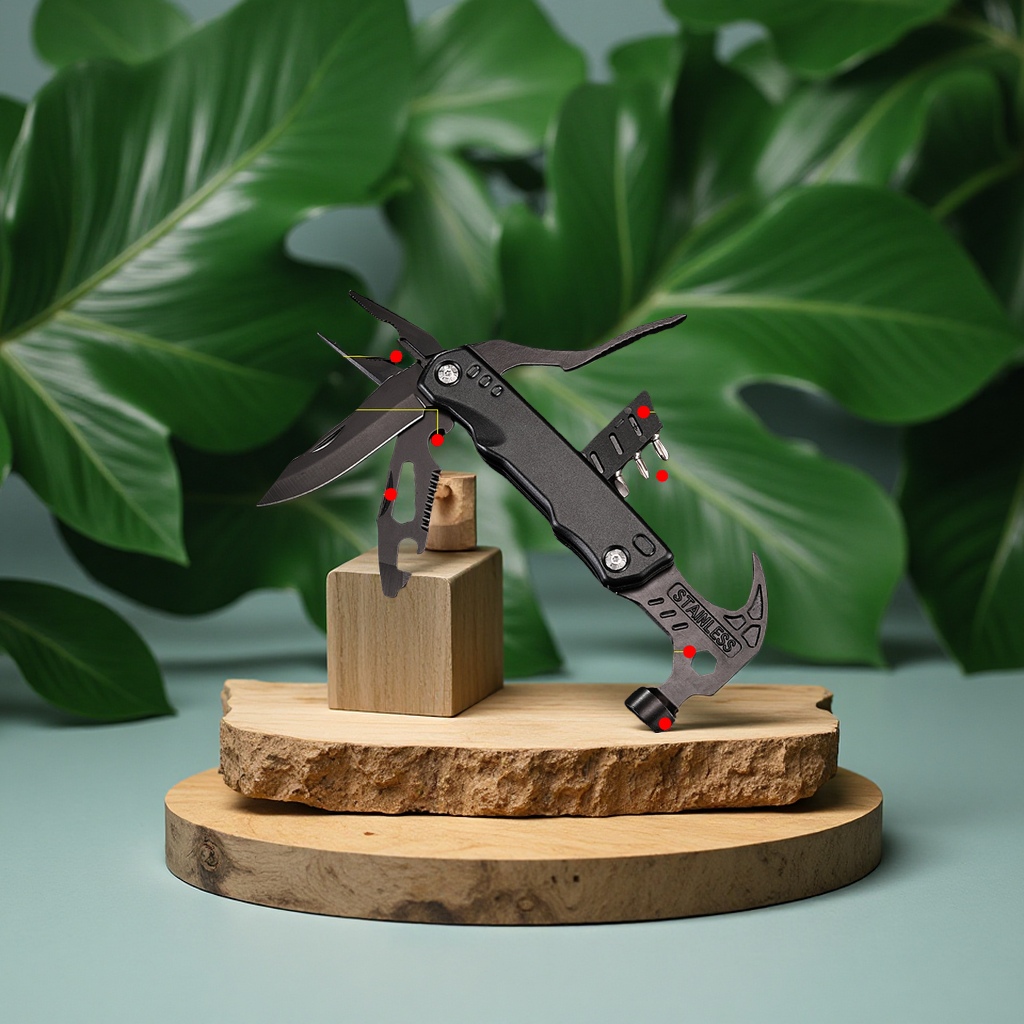 Amazon wholesale multi-functional car window breaker, stainless steel camping combination pliers, survival sheep horn hammer, car emergency safety tools details Picture