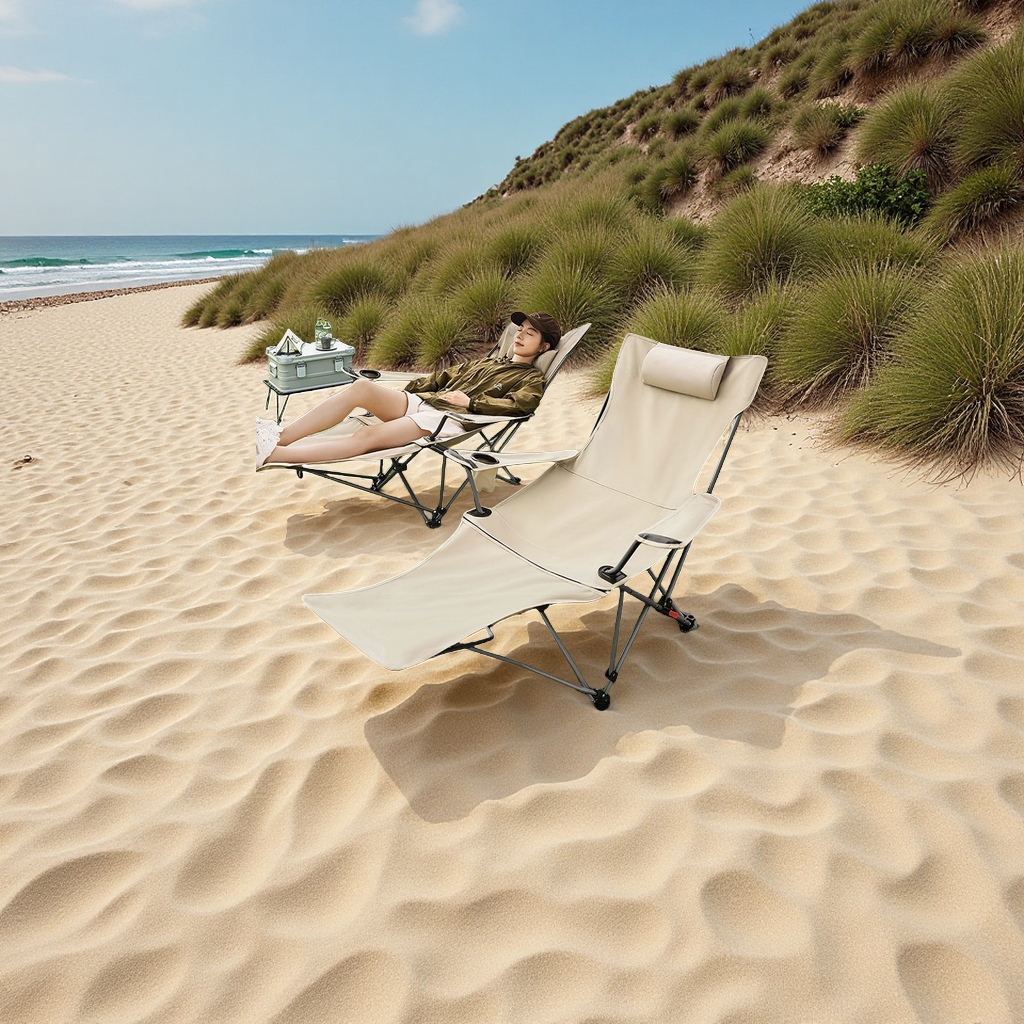 Outdoor portable folding chair, high moon chair, adjustable camping, beach fishing, picnic stool, lightweight lounge chair, simple home decoration furniture Application Scenario