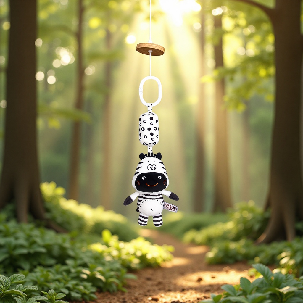 Black and White forest animal wind chime infant and toddler toy, 0-1 year old early education enlightenment hand-cranked pendant, soothing baby sensory training Item Picture