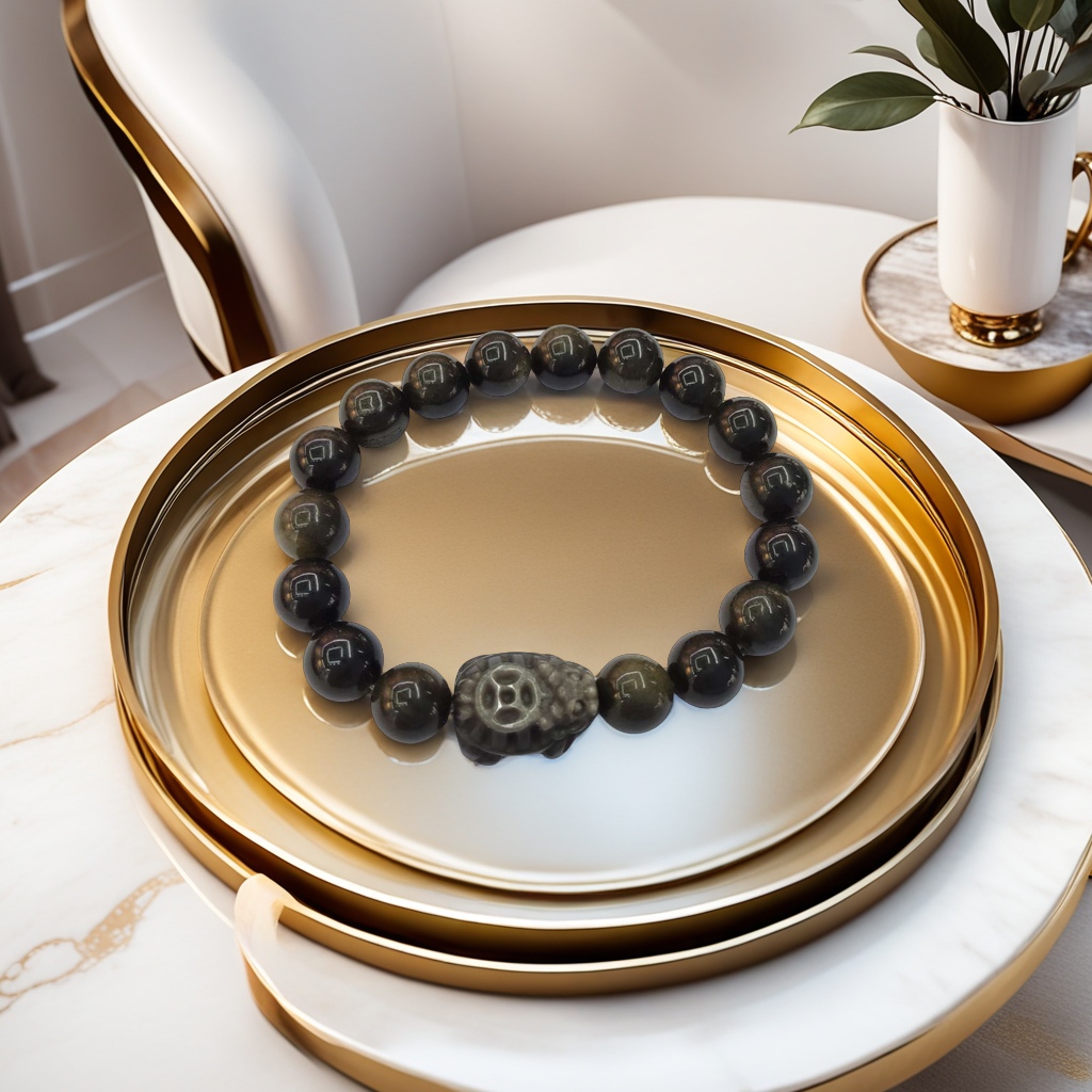 天然黑曜石加貔貅时尚手链细节图