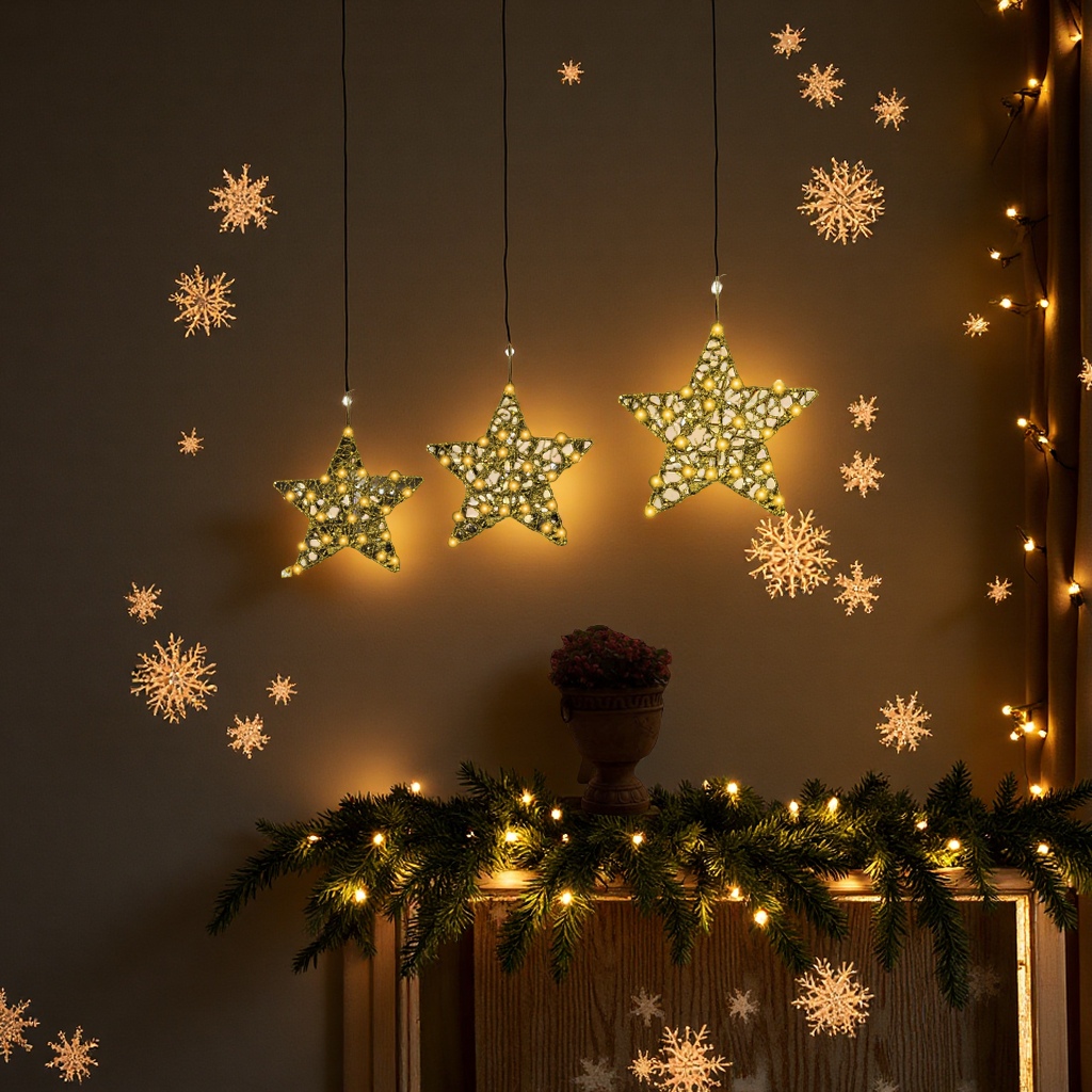 圣诞树顶星装饰灯LED彩灯闪烁星星灯带铁艺金银色圣诞树灯饰照明