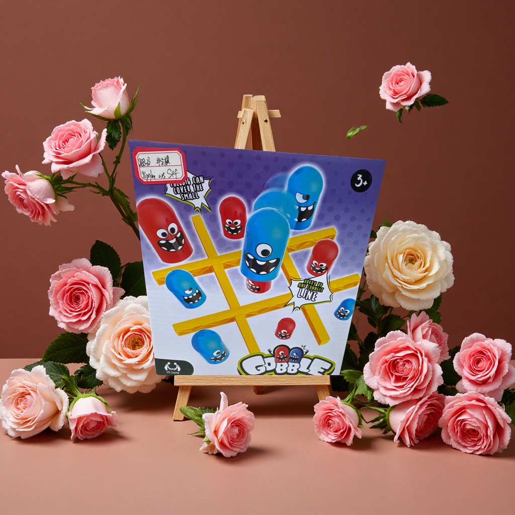 This is the "GOBBLE" two-player battle board game, suitable for players over 3 years old. The gameplay involves placing red and blue capsule-shaped chess pieces, with the goal of "forming a line" or "covering the opponent's small pieces"
