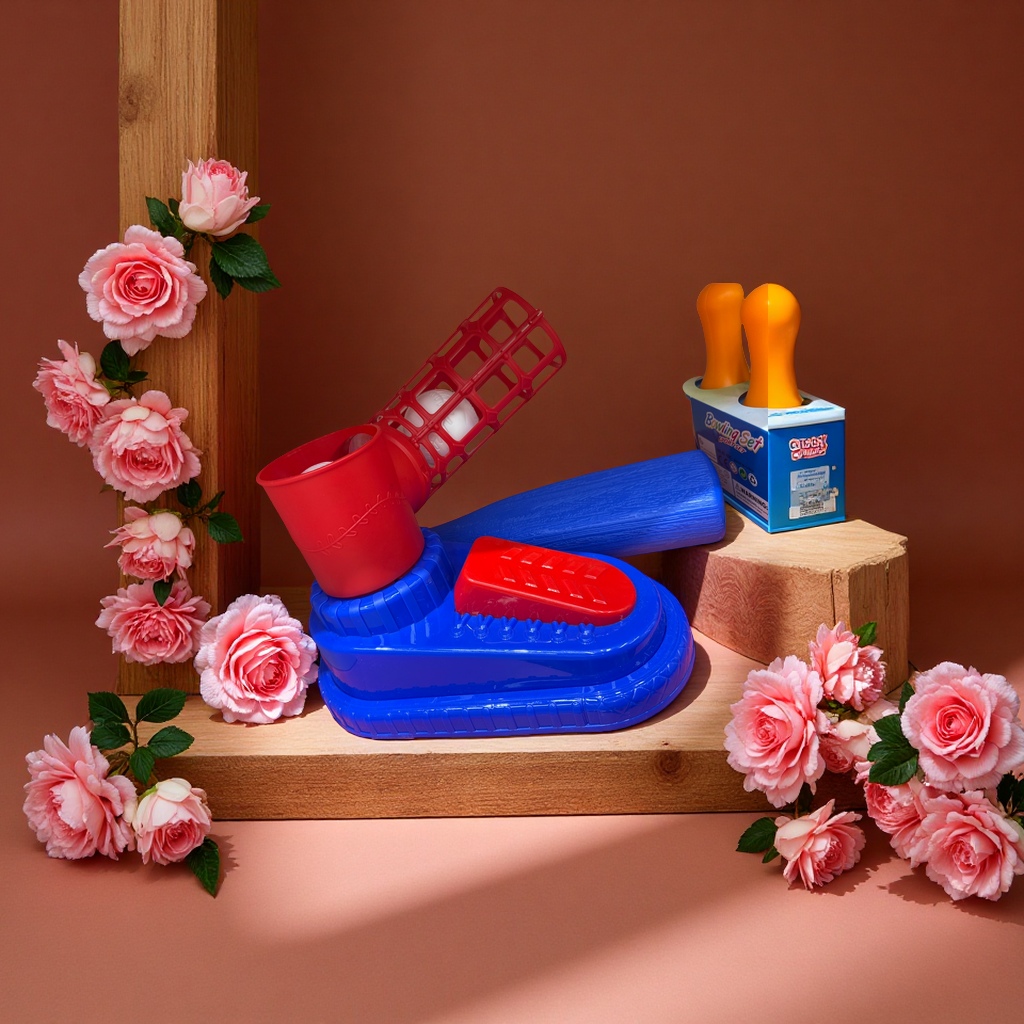 这是一款弹射玩具，主体为红蓝配色，包含红色发射装置、白色小球及蓝色挡板。玩法是按压红色踏板，将小球从发射筒弹出，挡板可辅