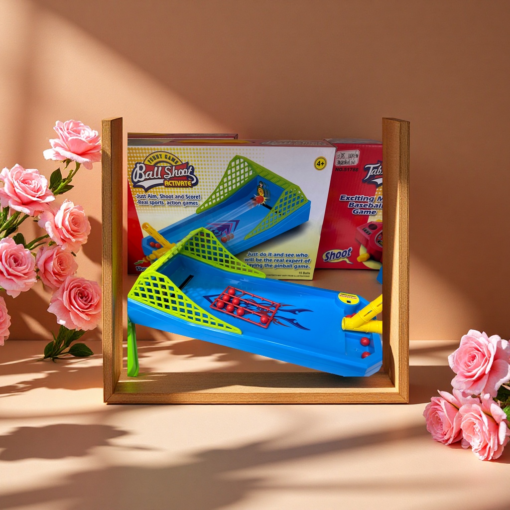 Ball Shoot desktop catapult game is a children's educational toy suitable for children over 4 years old. It features 15 small balls in a fun mechanical sports competition scene with a blue and green track
