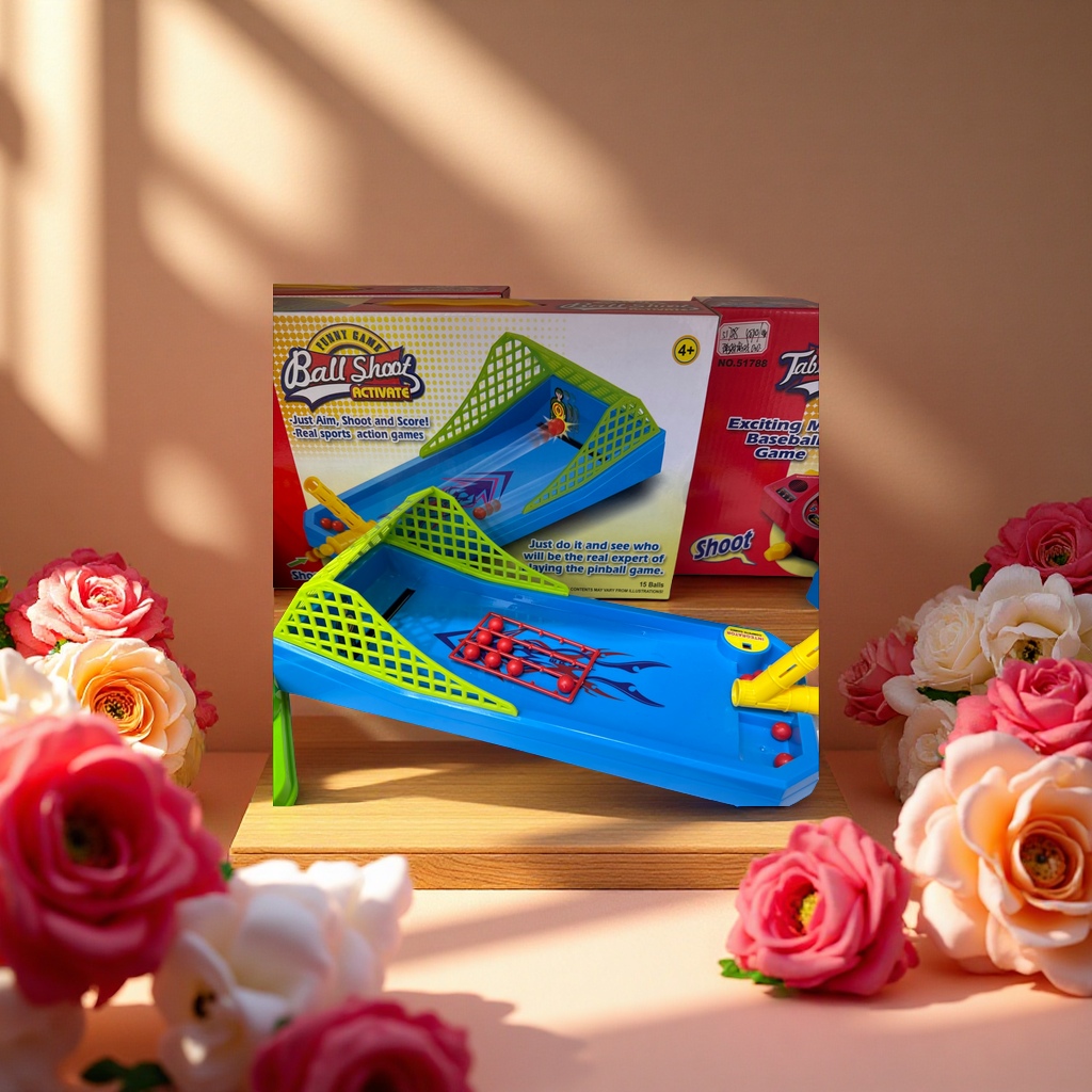 Ball Shoot desktop catapult game is a children's educational toy suitable for children over 4 years old. It features 15 small balls in a fun mechanical sports competition scene with a blue and green track Application Scenario