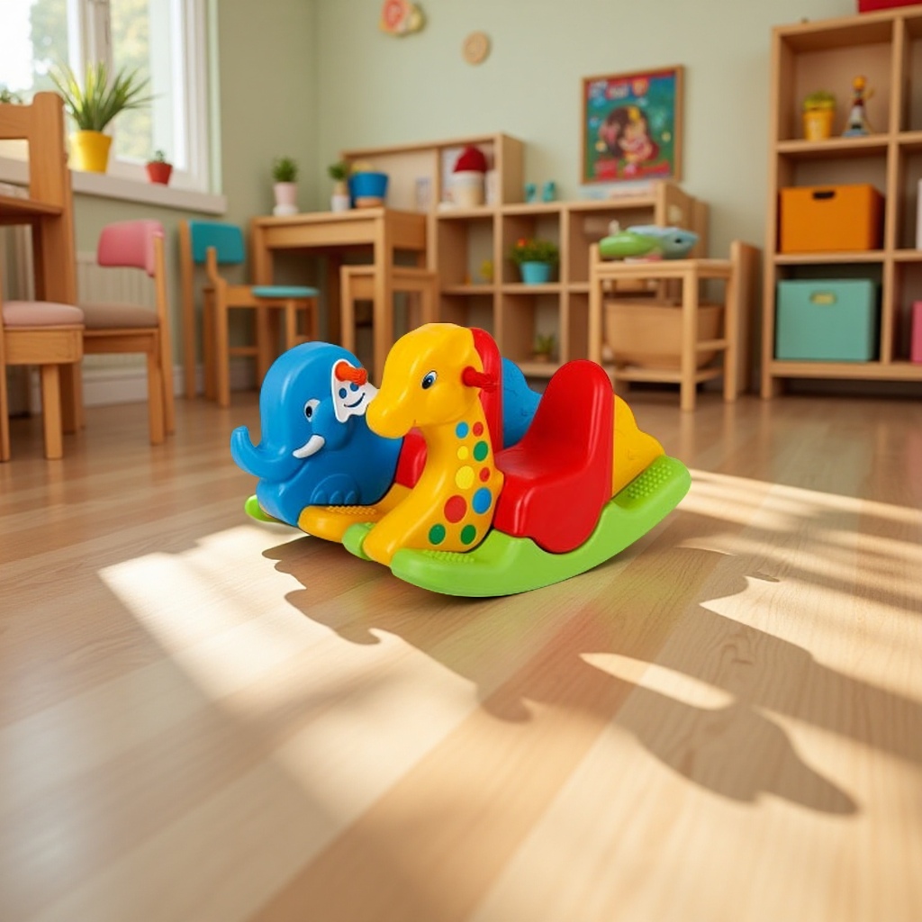 Thickened and widened three-color rocking horse children's plastic kindergarten toys, little elephant style baby rocking horse, infant wooden horse children's toys details Picture