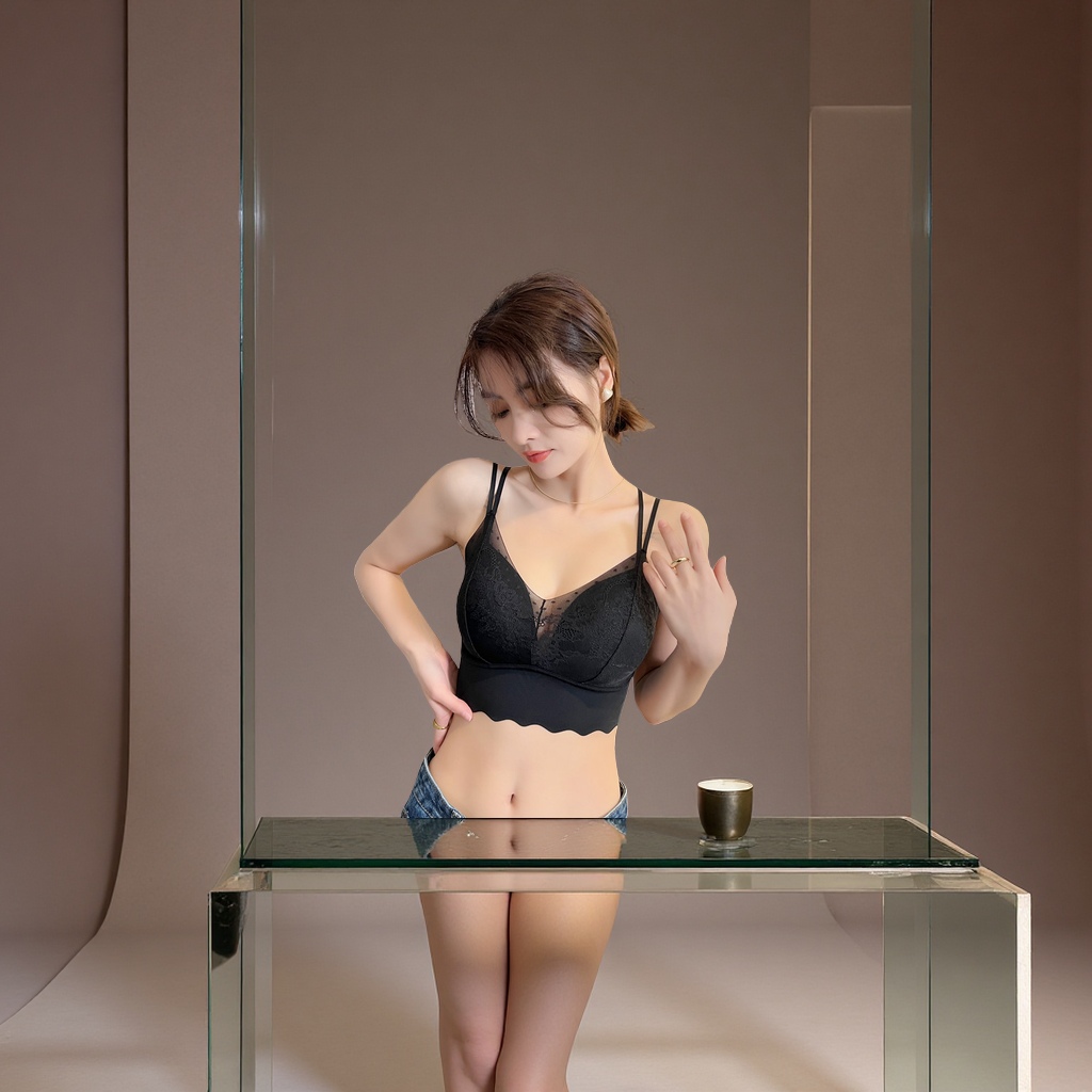 法式蕾丝冰丝性感美背双肩带短款内衣乳胶固定杯透气女装吊带抹胸