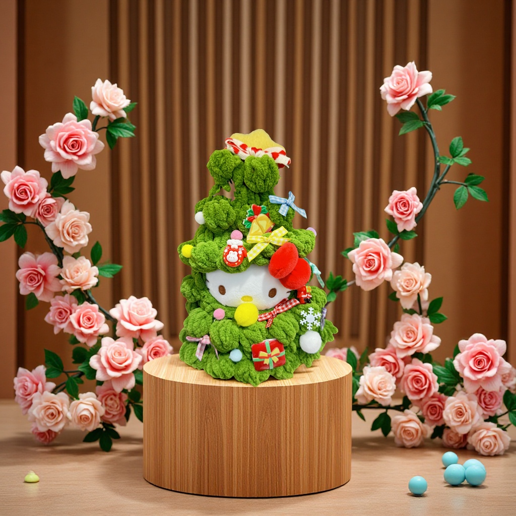 三丽鸥HelloKitty圣诞树手工钩针摆件 正版KT猫圣诞限定毛绒装饰 少女心网红DIY圣诞礼物 软萌治愈系节日玩偶