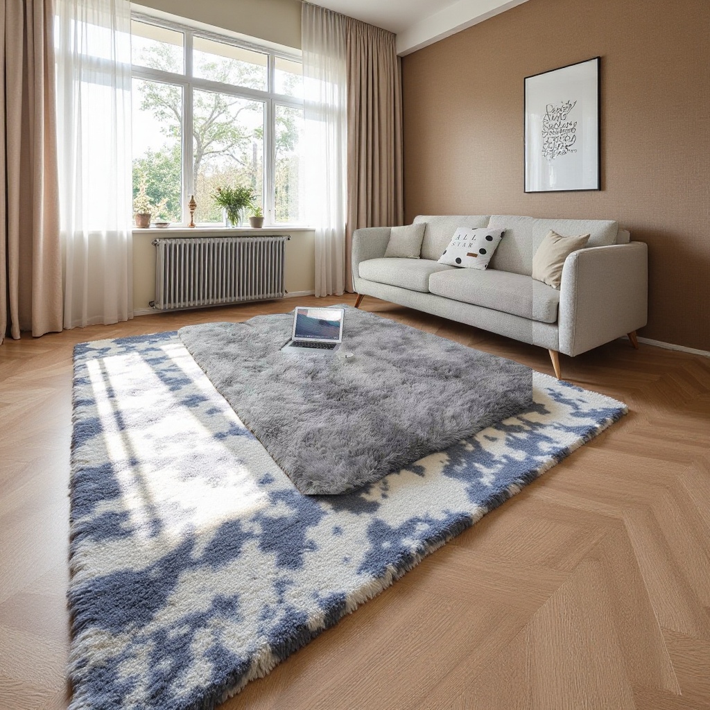 北欧ins跨境扎染长绒丝毛地毯客厅茶几可水洗卧室满铺家用地垫