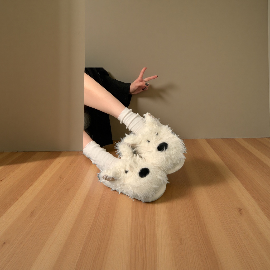 潦草小狗毛毛拖鞋女秋冬厚底增高保暖外穿包头百搭新款2025季节款