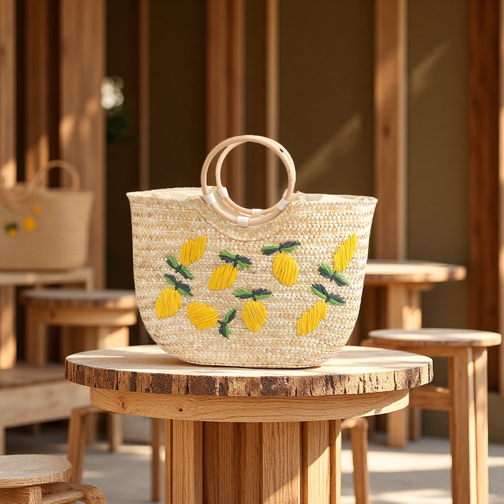 2025新款柠檬半圆手提包麦草辫子绣花外贸女士草编包集市菜篮子