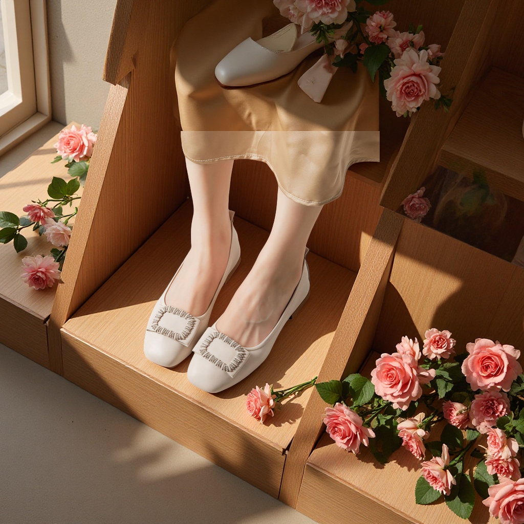 2025春夏新款真皮平底单鞋尖头浅口方扣豆豆鞋时尚四季妈妈女鞋舒适百搭