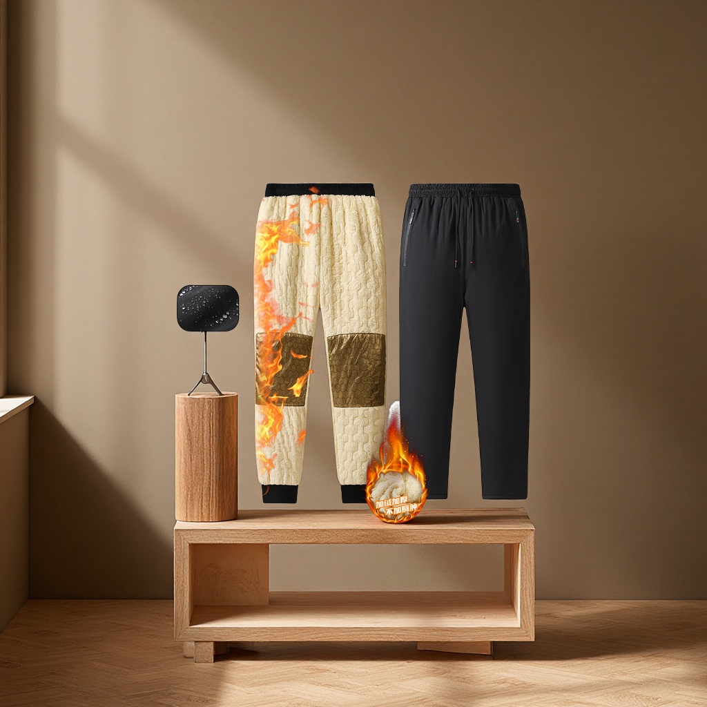 Men's lambskin long pants for foreign trade, thickened with fleece, loose, casual, sporty, straight-leg, warm, large-sized cotton pants details Picture