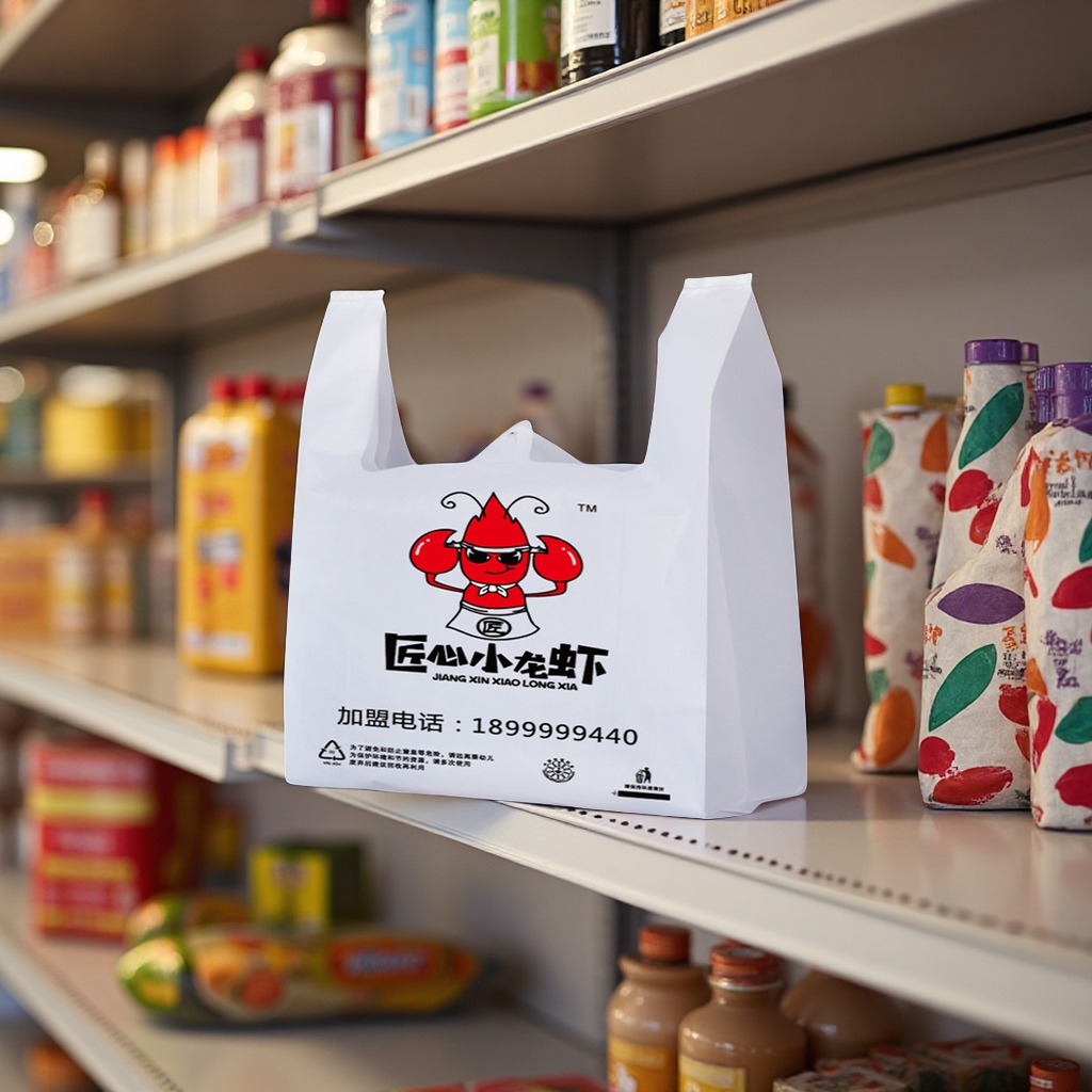 Bolsa de plástico personalizada con logotipo impreso bolsa de chaleco portátil bolsa de embalaje de alimentos bolsa de supermercado de cuatro dedos embalaje personalizado bolsa de comida de plástico details Picture