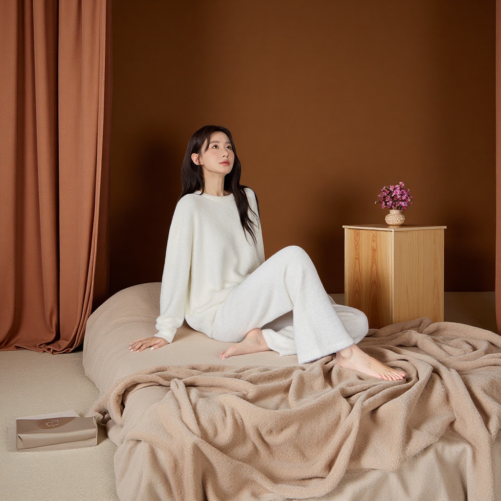 Autumn and winter faux mink fleece pajamas, women's long-sleeved shirts, long pants, pullovers, loose and warm home wear, two-piece sets, women's sweaters details Picture