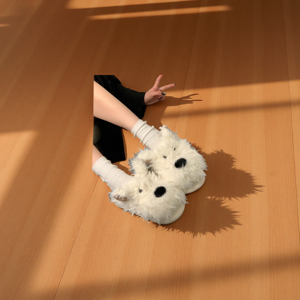 潦草小狗毛毛拖鞋女秋冬厚底增高保暖包头外穿百搭毛绒玩具抱枕公仔布艺公仔玩具