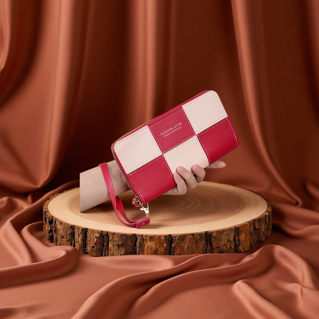 新款女式长款拼接复古手拿包大容量零钱手机包实用手腕包箱包皮具女士钱包