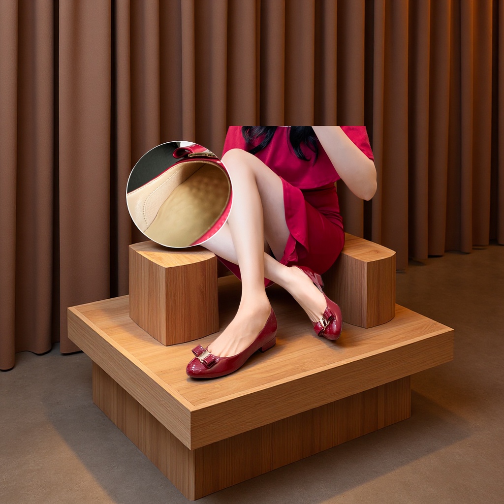 D-40现货酒红色蝴蝶结单鞋女平底真皮圆头粗跟通勤鞋漆皮不累脚女鞋