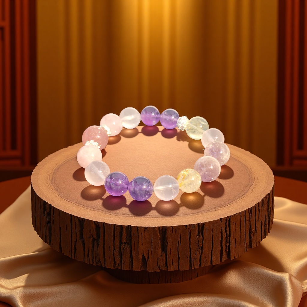 十二生肖开运手串：子鼠专属
紫兔毛金发晶白幽灵乌拉圭紫水晶黄水晶白幽灵产品图