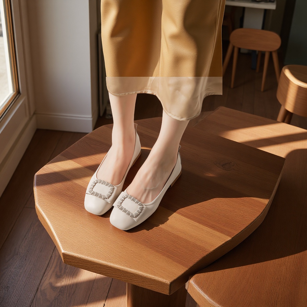 2025春夏新款真皮平底单鞋尖头浅口方扣豆豆鞋时尚四季妈妈女鞋家居鞋家居棉鞋