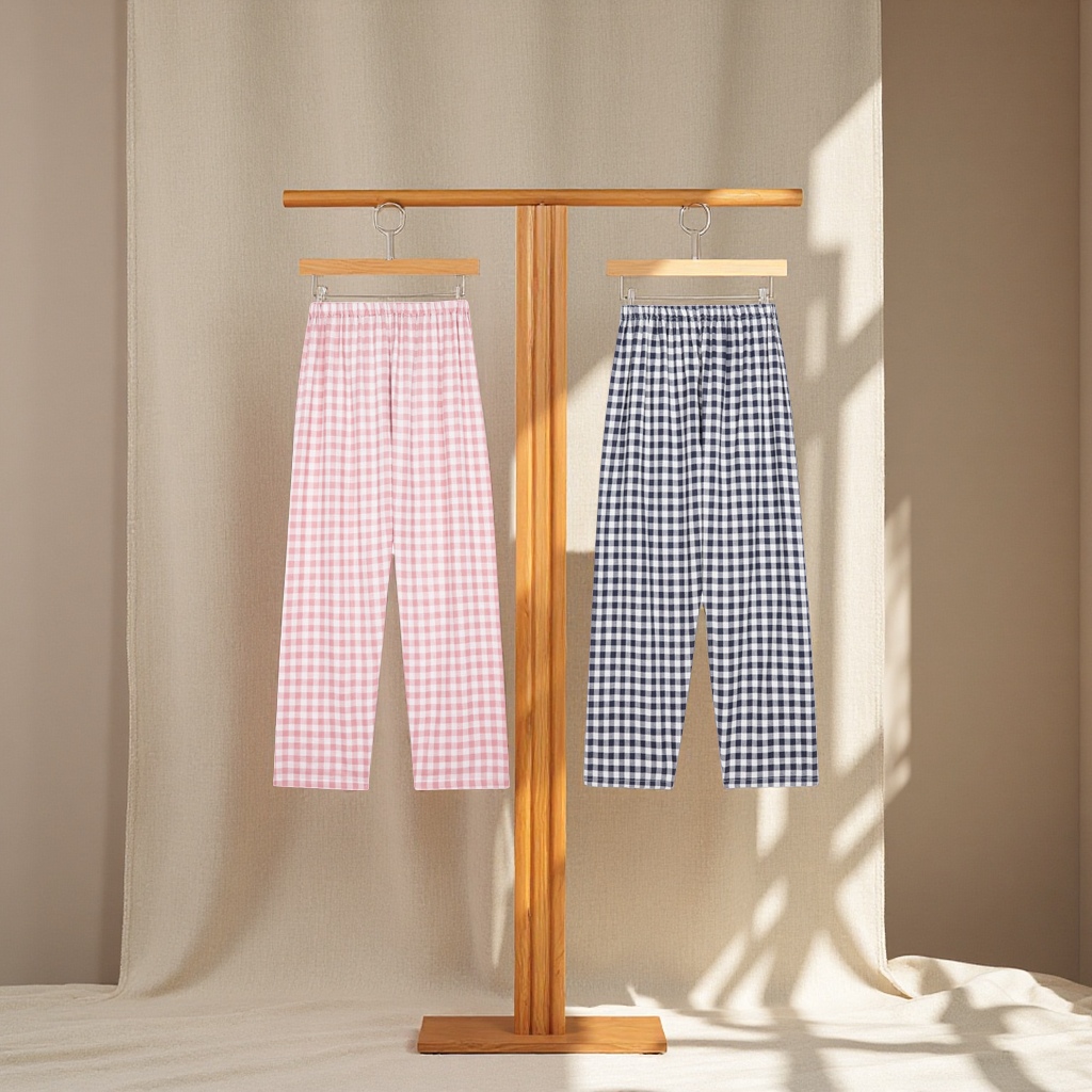 良品双层纱情侣款春夏日式格子休闲睡裤母婴婴幼儿童睡袋居家服睡衣