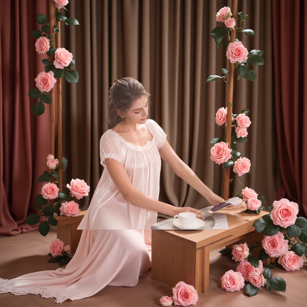 Court retro sexy nightgown for women, summer princess lace short-sleeved home wear, laid-back style, can be worn outside as women's lace chiffon shirt, women's chiffon shirt Application Scenario