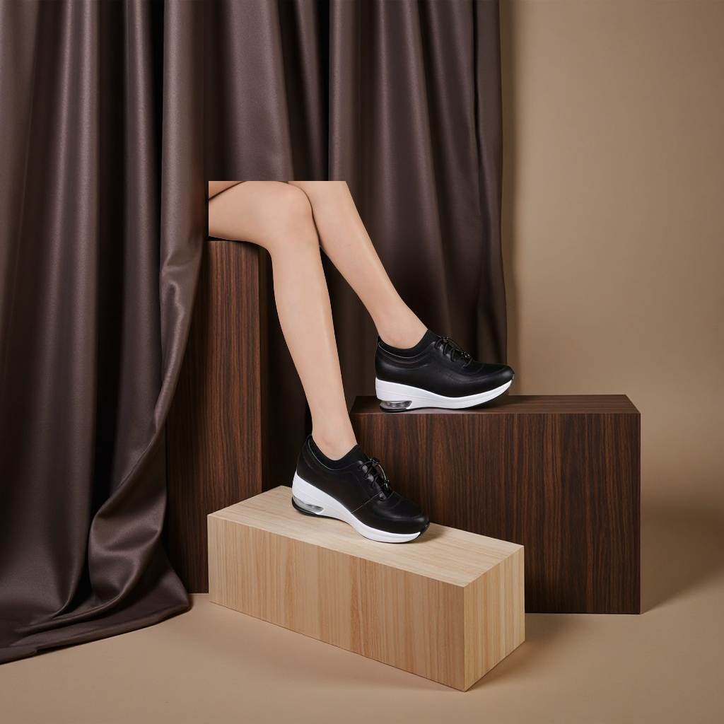 一脚蹬气垫厚底深口鞋2025秋季新款女妈妈坡跟运动休闲皮靴黑色女鞋