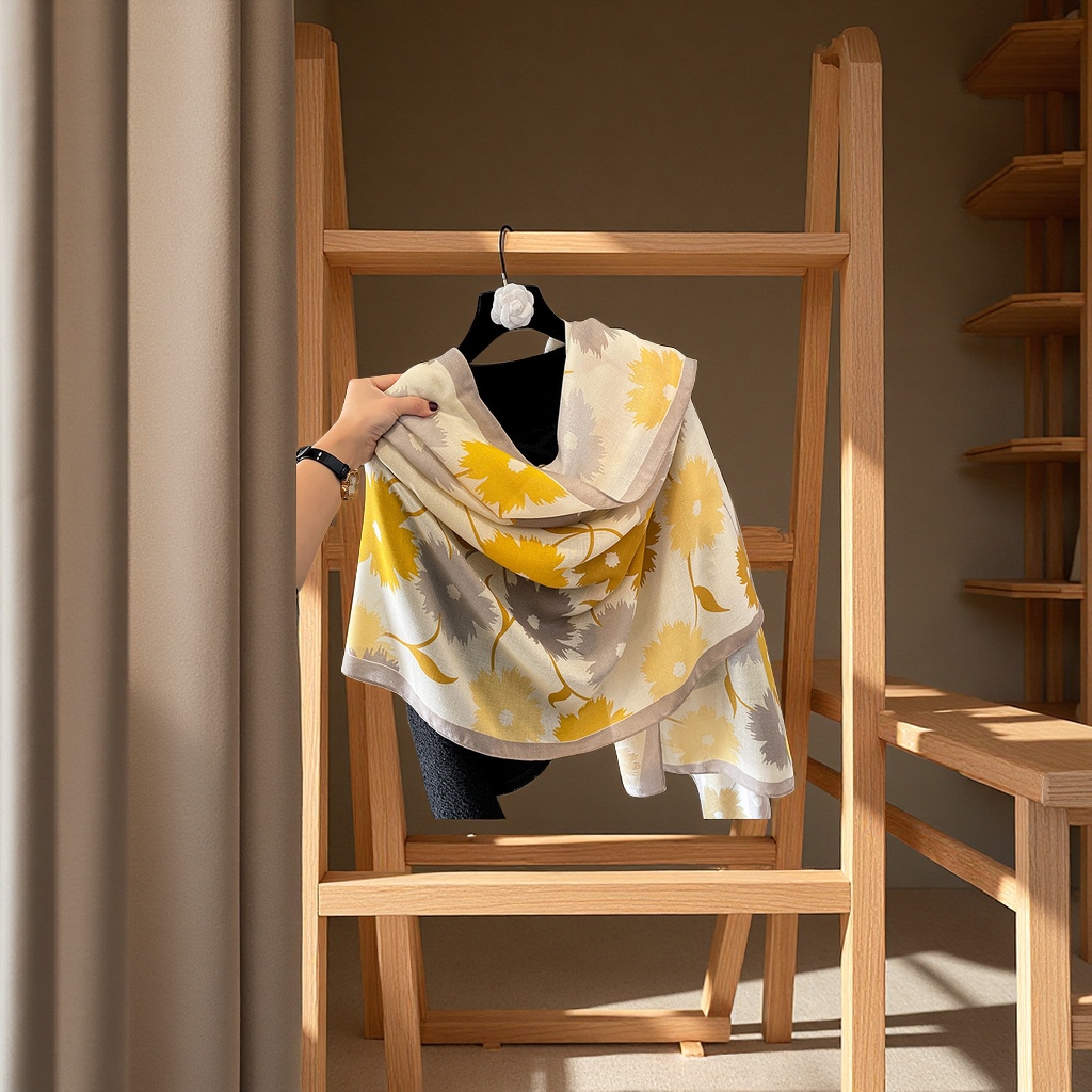 2025 New Korean-style versatile long cotton and linen shawl for autumn and winter warmth, paired with a thin women's scarf as a clothing accessory Application Scenario