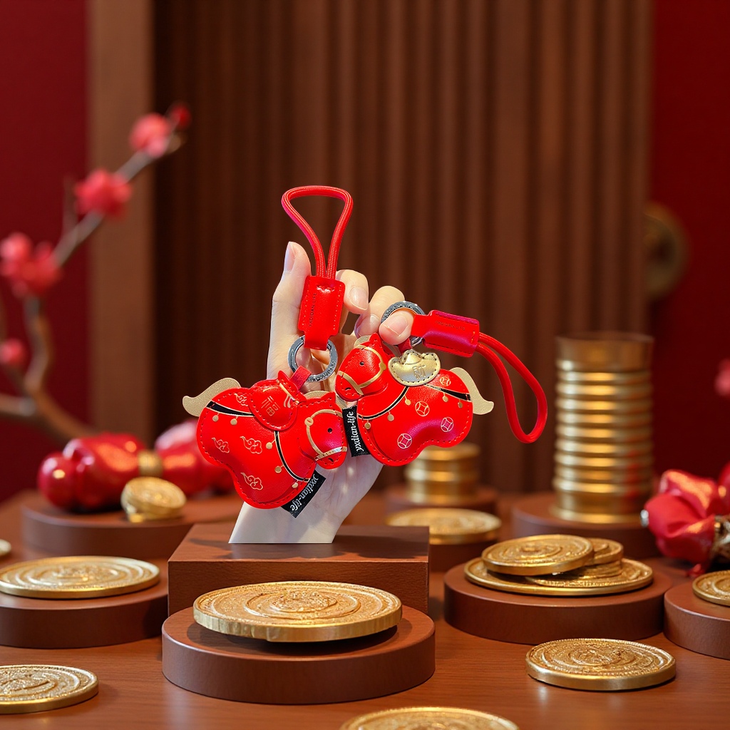 2026马年马上有钱皮革钥匙扣情侣汽车包包挂件新年礼品工艺品收藏红色