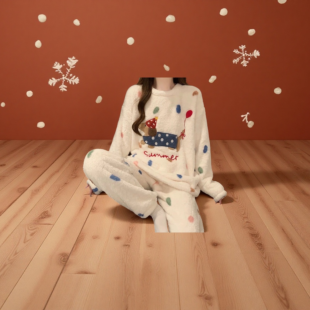 韩国2025秋冬加绒珊瑚绒睡衣女卡通腊肠狗软妹保暖家居服毯子