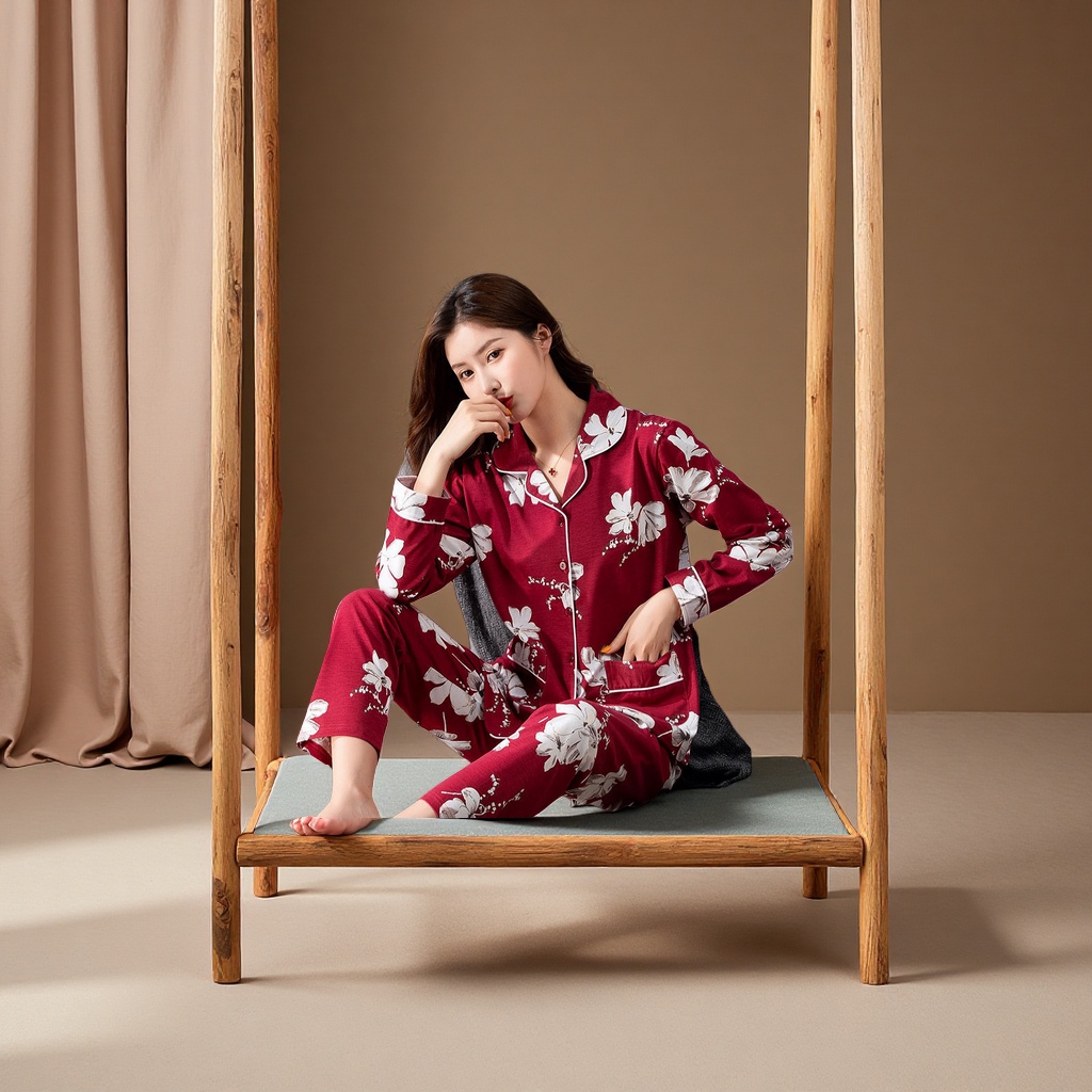 Pure cotton long-sleeved spring and autumn women's home wear set, thin cardigan, underwear, pajamas, bathrobe, autumn and winter two-piece set details Picture