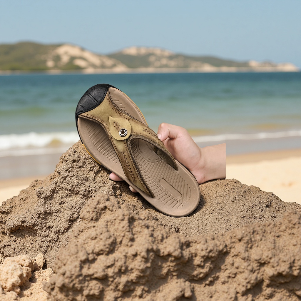 Guangzhou genuine leather men's flip-flops, thick-soled anti-slip trendy beach shoes, high-end handcrafted flip-flops for men details Picture