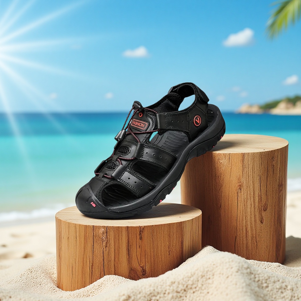 Summer plus-size men's outdoor sports leather sandals with toe caps, casual anti-slip rubber-soled canyoning beach shoes, and sports camp shoes details Picture