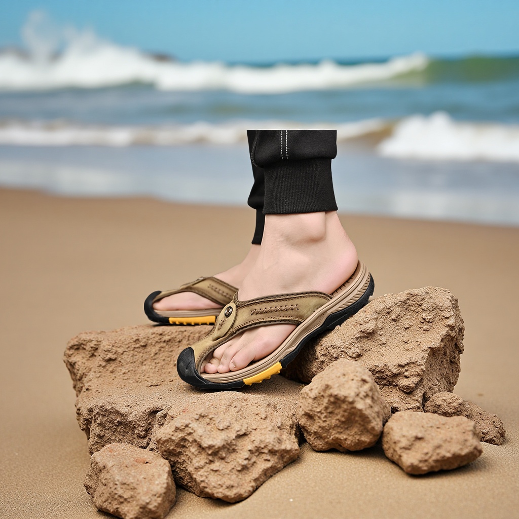 Guangzhou genuine leather men's flip-flops, thick-soled anti-slip trendy beach shoes, high-end handcrafted flip-flops for men Specification image